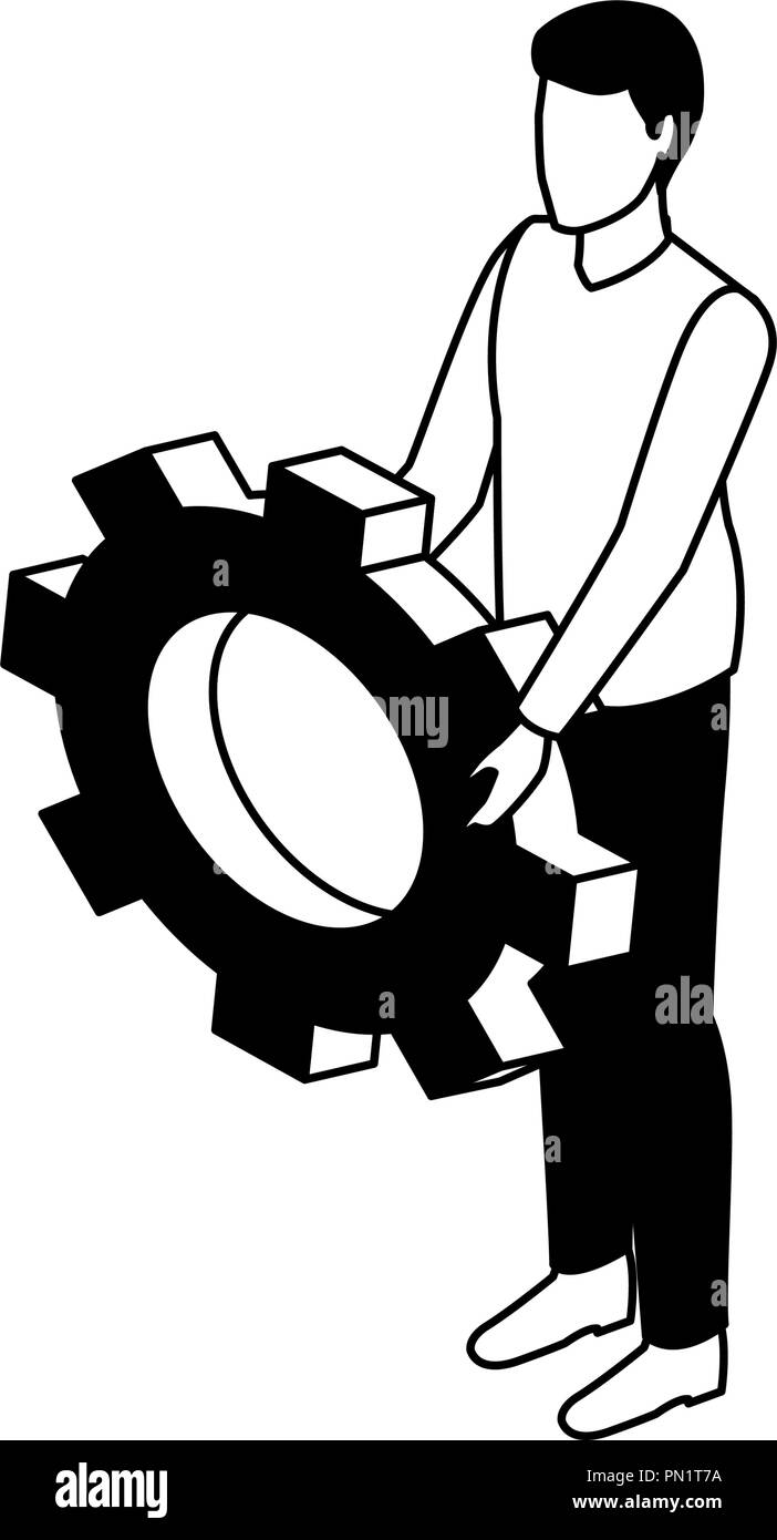 Businessman holding gear isometric in black and white Stock Vector ...