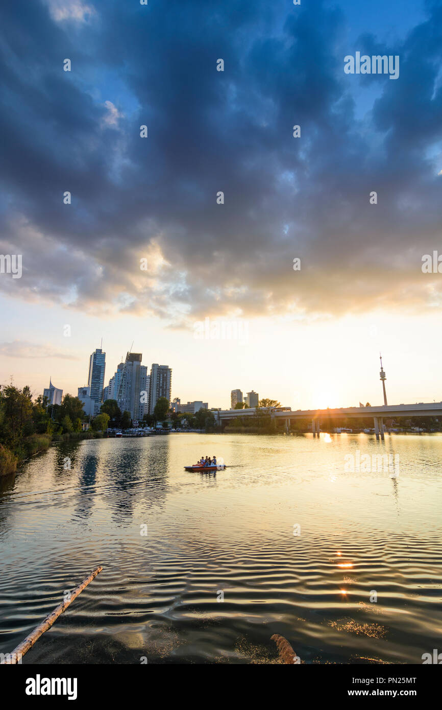 Wien, Vienna sunset at lake Alte Donau (Old Danube), skyscraper of