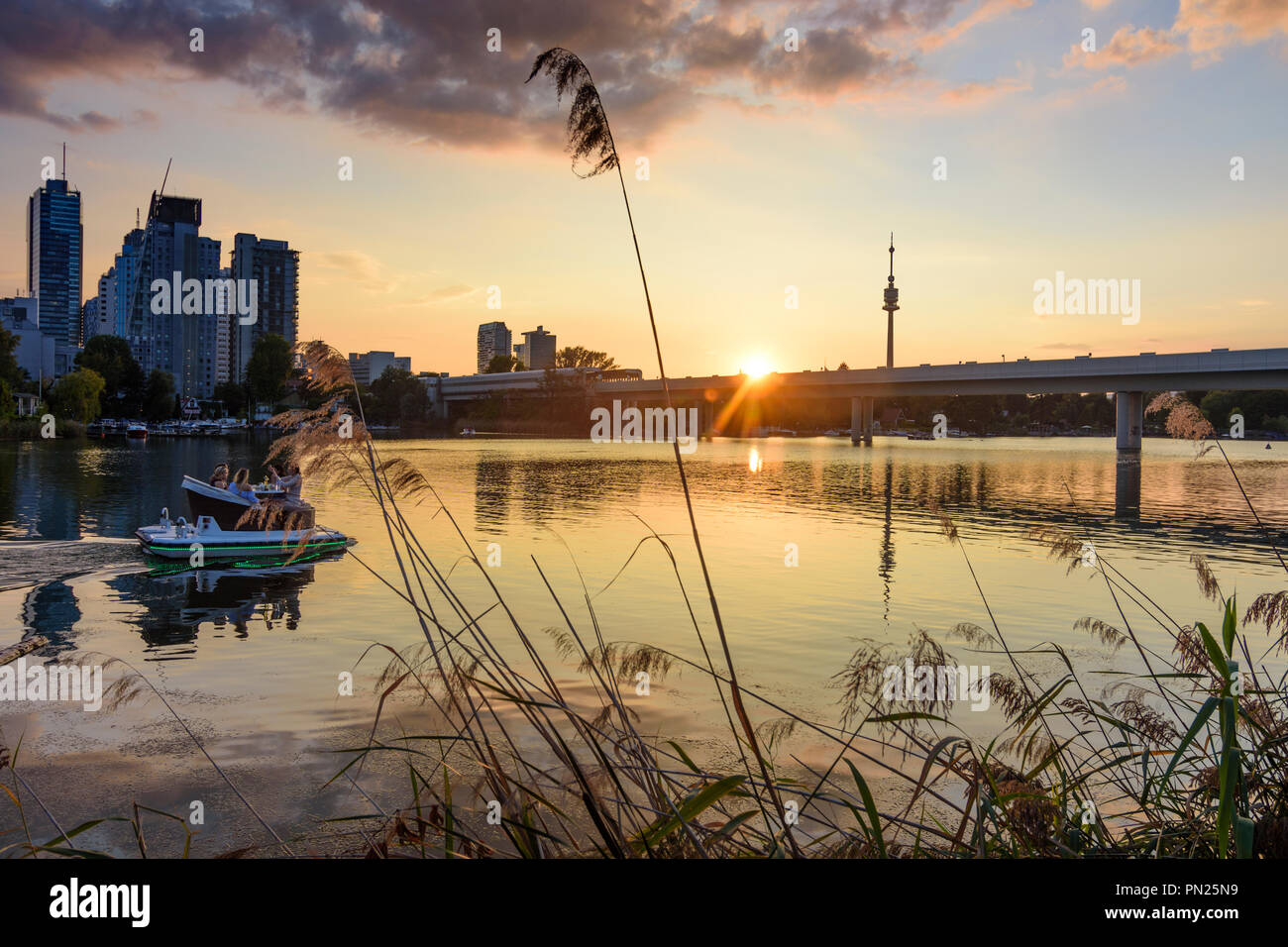 Wien, Vienna sunset at lake Alte Donau (Old Danube), skyscraper of