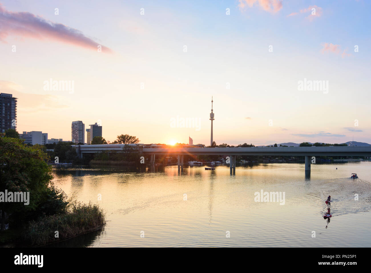 Wien, Vienna sunset at lake Alte Donau (Old Danube), skyscraper of