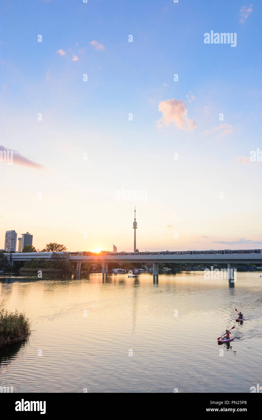 Wien, Vienna sunset at lake Alte Donau (Old Danube), skyscraper of