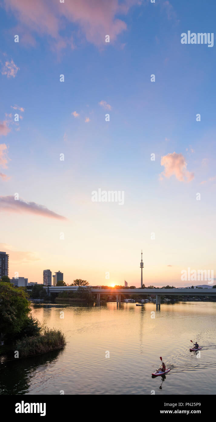Wien, Vienna sunset at lake Alte Donau (Old Danube), skyscraper of