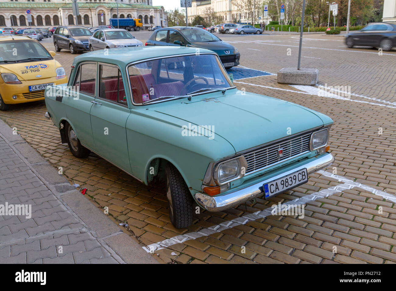 A Moskvitch Soviet/ Bulgarian designed car parked in Sofia, Bulgaria ...