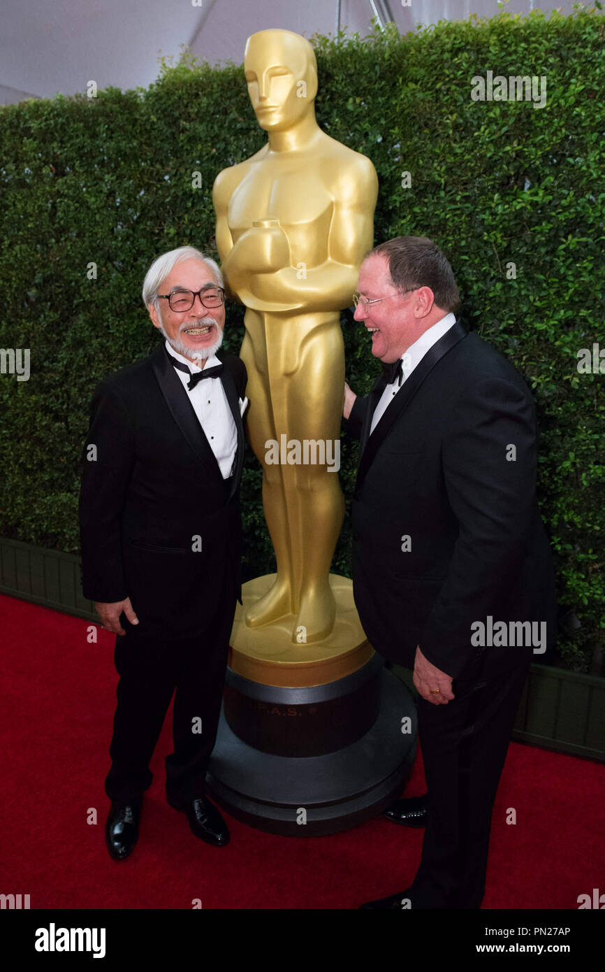Honorary Award recipient Hayao Miyazaki (left) and John Lasseter attends the 6th Annual Governors Awards in The Ray Dolby Ballroom at Hollywood & Highland Center® in Hollywood, CA, on Saturday, November 8, 2014.  File Reference # 32487 147THA  For Editorial Use Only -  All Rights Reserved Stock Photo