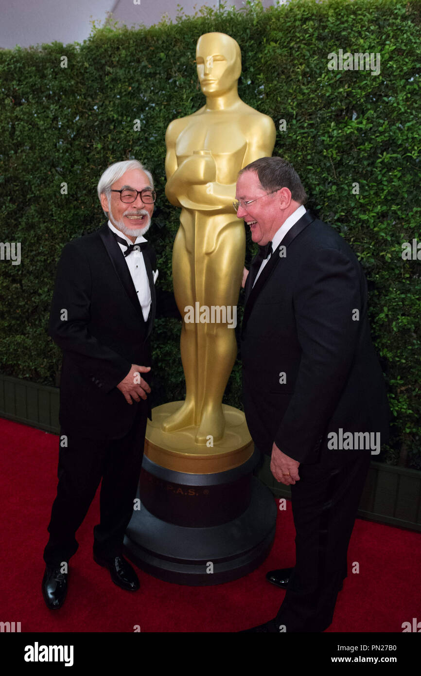 Honorary Award recipient Hayao Miyazaki (left) and John Lasseter attends the 6th Annual Governors Awards in The Ray Dolby Ballroom at Hollywood & Highland Center® in Hollywood, CA, on Saturday, November 8, 2014.  File Reference # 32487 148THA  For Editorial Use Only -  All Rights Reserved Stock Photo