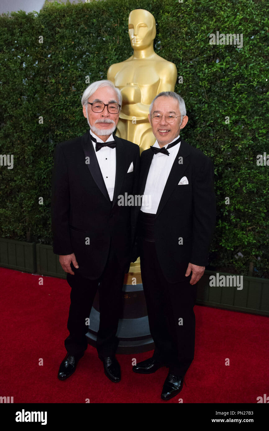 Honorary Award recipient Hayao Miyazaki (left) and Toshio Suzuki attend the 6th Annual Governors Awards in The Ray Dolby Ballroom at Hollywood & Highland Center® in Hollywood, CA, on Saturday, November 8, 2014.  File Reference # 32487 151THA  For Editorial Use Only -  All Rights Reserved Stock Photo