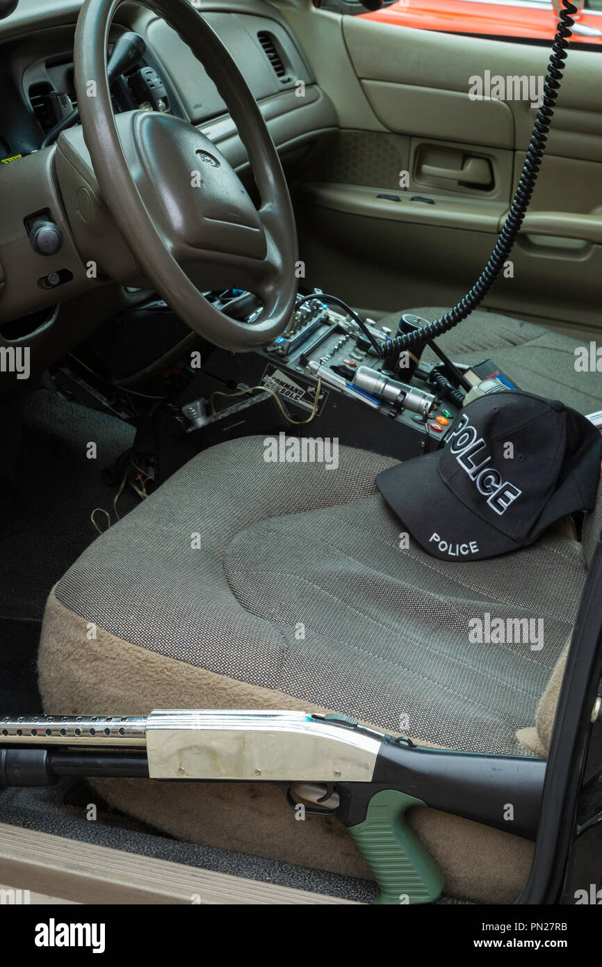 Interior of an American police car at a classic car show. Stock Photo