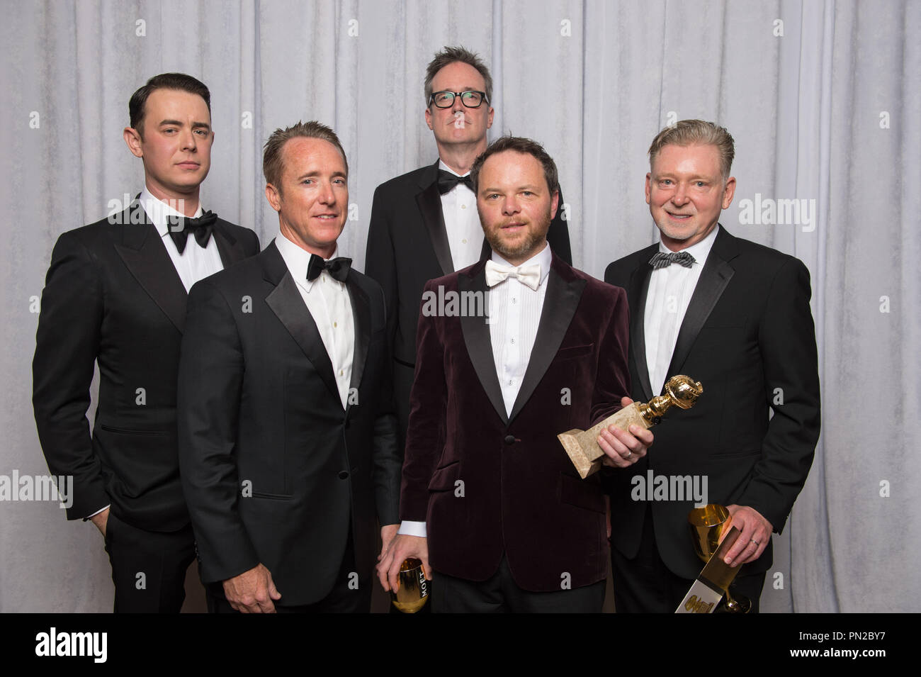 For BEST MINI-SERIES OR MOTION PICTURE MADE FOR TELEVISION, the Golden Globe is awarded to “FARGO” (FX), produced by FX Productions & MGM Television. Noah Hawley and the Producers pose with the award backstage in the press room at the 72nd Annual Golden Globe Awards at the Beverly Hilton in Beverly Hills, CA on Sunday, January 11, 2015.  File Reference # 32536 252JRC  For Editorial Use Only -  All Rights Reserved Stock Photo