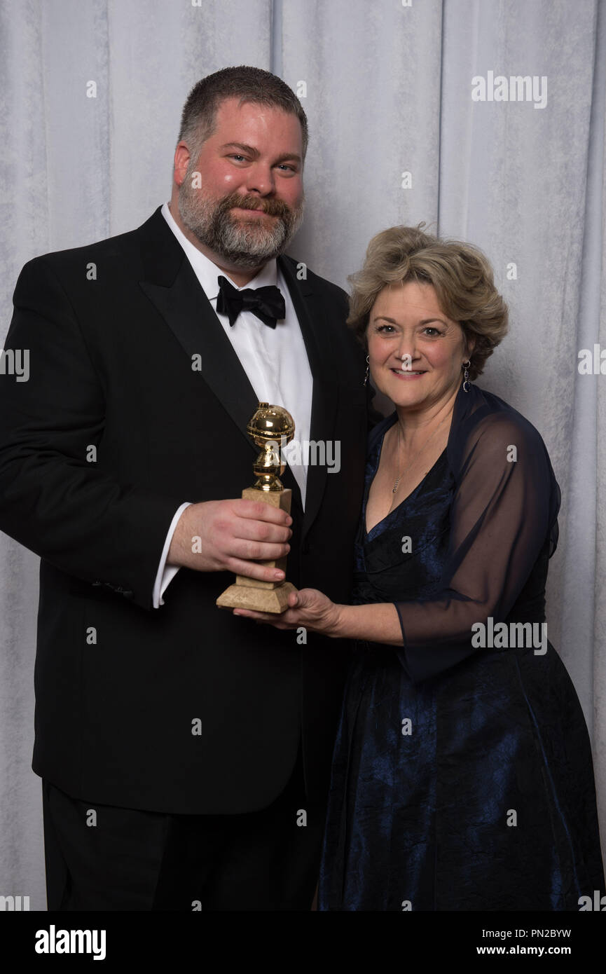 For BEST ANIMATED FEATURE FILM, the Golden Globe is awarded to “HOW TO TRAIN YOUR DRAGON 2”, produced by DreamWorks Animation; Twentieth Century Fox. Dean DeBlois and Bonnie Arnold pose with the award backstage in the press room at the 72nd Annual Golden Globe Awards at the Beverly Hilton in Beverly Hills, CA on Sunday, January 11, 2015.  File Reference # 32536 266JRC  For Editorial Use Only -  All Rights Reserved Stock Photo