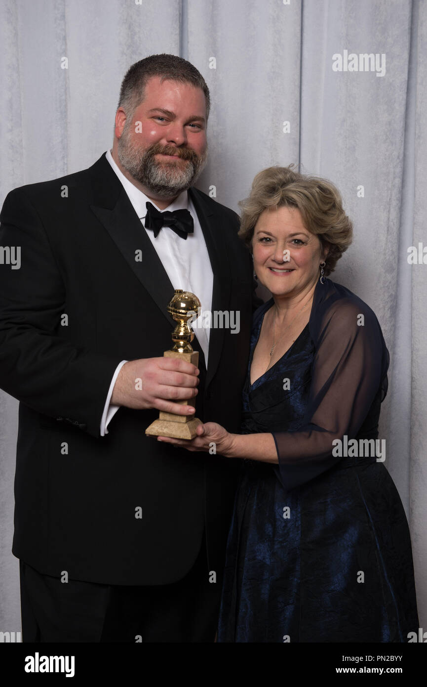 For BEST ANIMATED FEATURE FILM, the Golden Globe is awarded to “HOW TO TRAIN YOUR DRAGON 2”, produced by DreamWorks Animation; Twentieth Century Fox. Dean DeBlois and Bonnie Arnold pose with the award backstage in the press room at the 72nd Annual Golden Globe Awards at the Beverly Hilton in Beverly Hills, CA on Sunday, January 11, 2015.  File Reference # 32536 267JRC  For Editorial Use Only -  All Rights Reserved Stock Photo