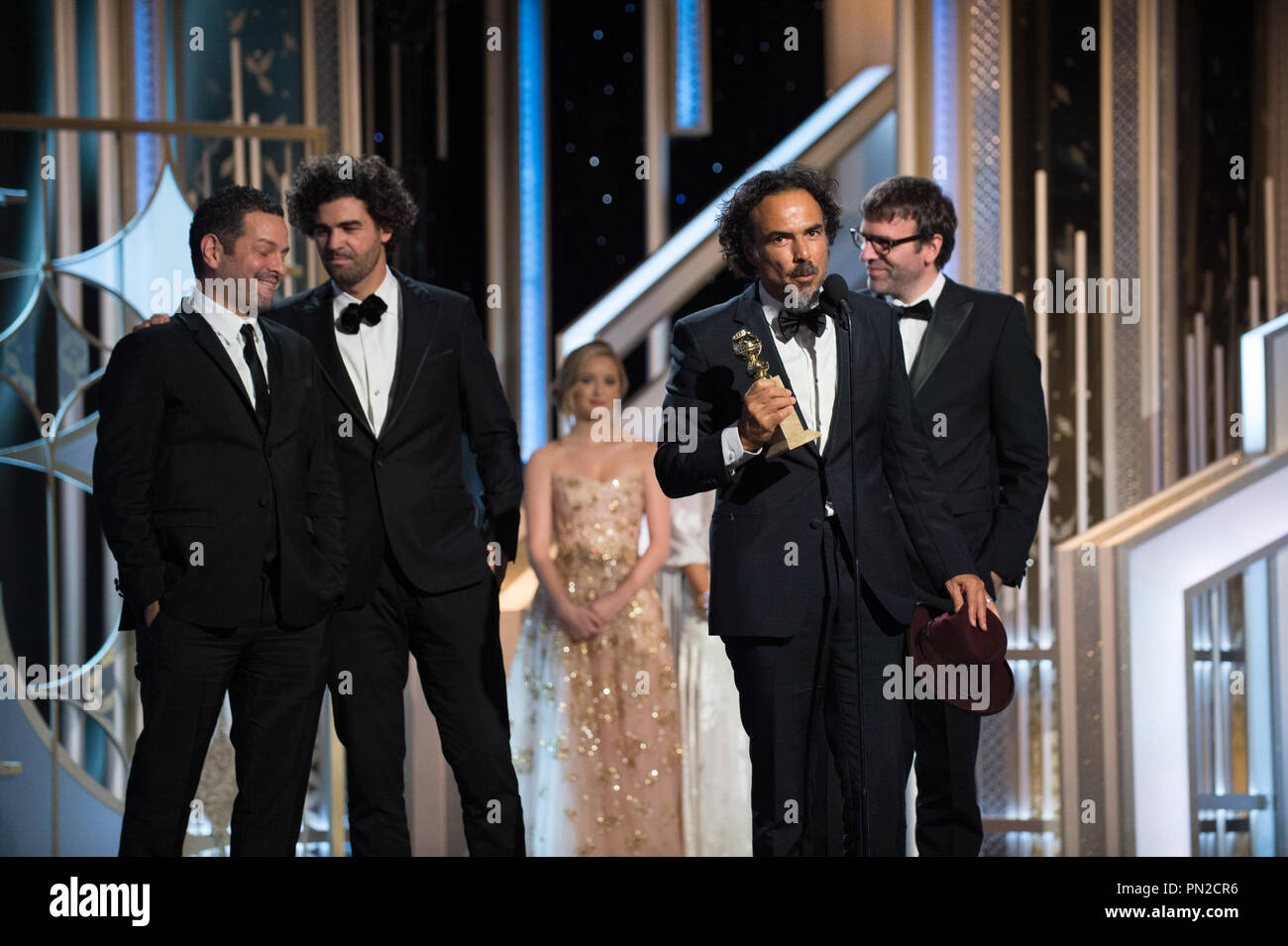 The Golden Globe is awarded to Alejandro González Iñárritu, Nicolás Giacobone, Alexander Dinelaris and Armando Bo for BEST SCREENPLAY – MOTION PICTURE for “BIRDMAN” at the 72nd Annual Golden Globe Awards at the Beverly Hotel in Beverly Hills, CA on Sunday, January 11, 2015.  File Reference # 32536 783JRC  For Editorial Use Only -  All Rights Reserved Stock Photo