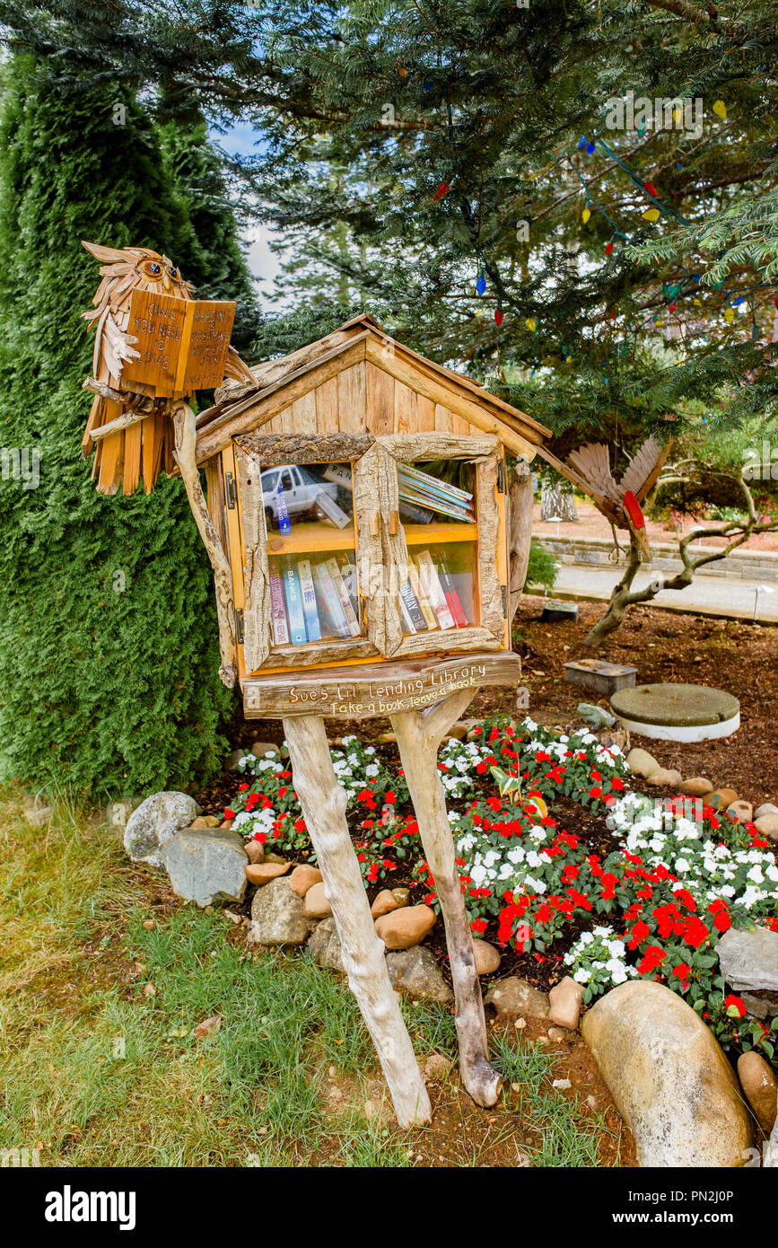 Folk Art Book Box, Little Free Lending Library, Union Bay, British Columbia, Canada Stock Photo