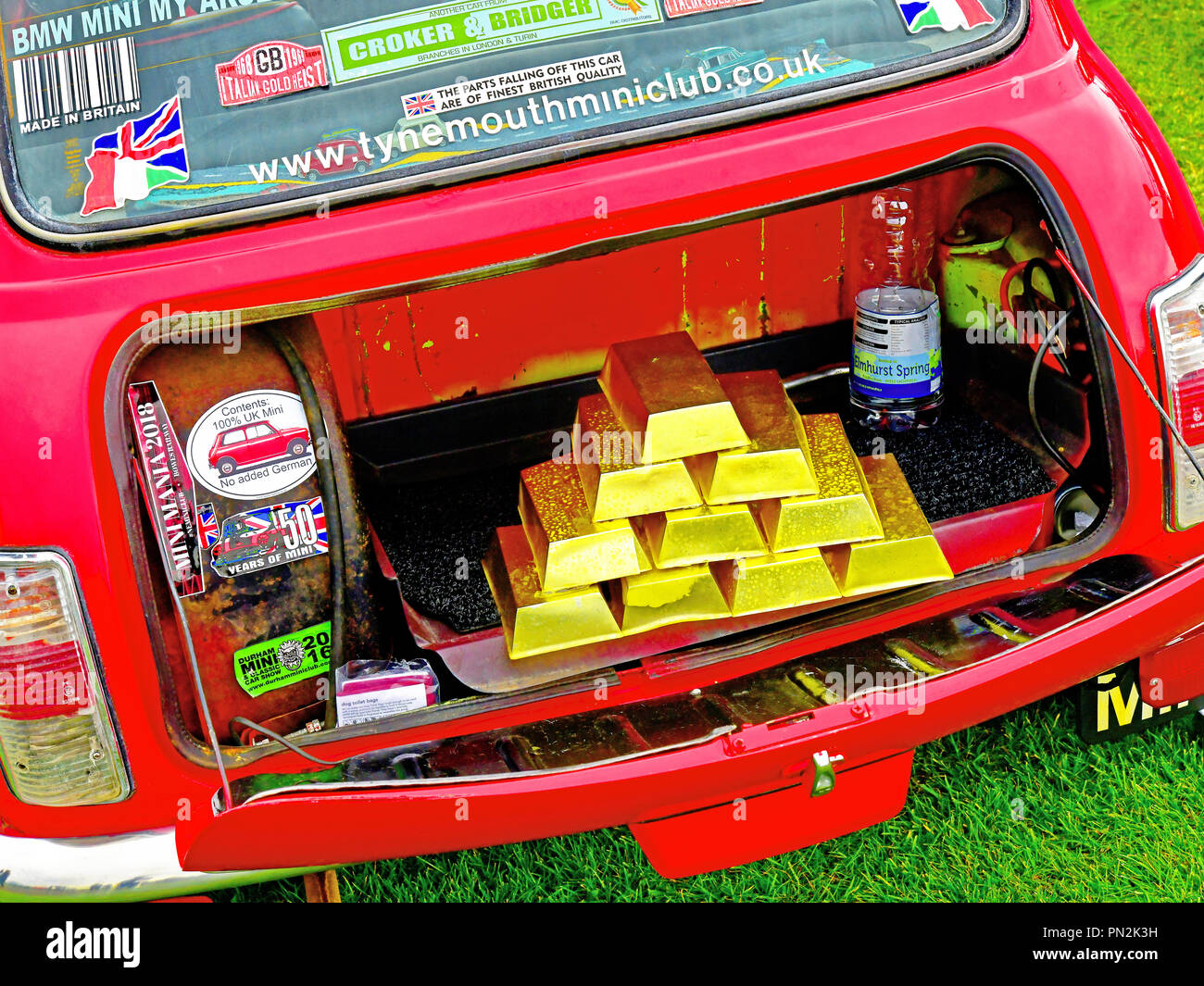Whitley Bay Motor Show vintage red BMC Italian Job Mini mockup complete with gold bars Stock Photo