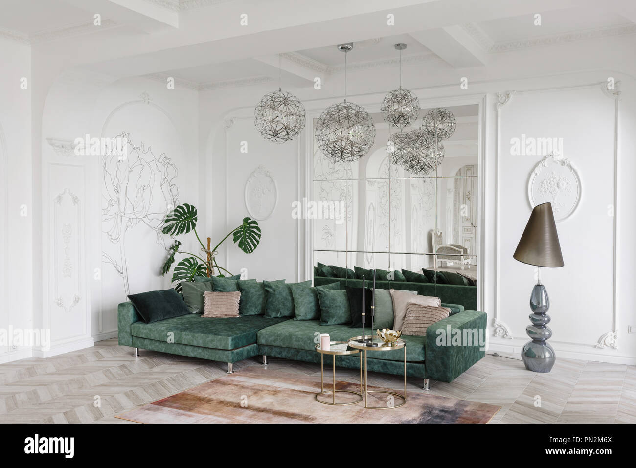 Morning in luxurious light interior in hotel bright and clean interior design of a luxury living room with parquet wood floors fireplace