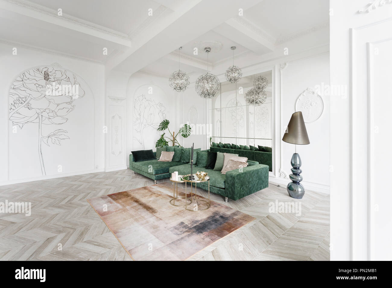 Morning in luxurious light interior in the baroque style bright and clean interior design of a luxury living room with parquet wood floors fireplace