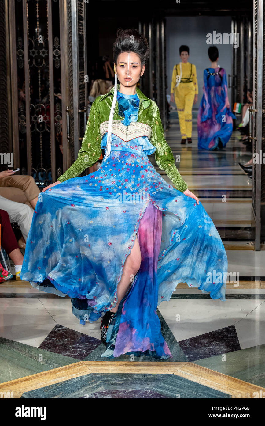 Model Spring Summer 2019 collection catwalk for London Fashion Scout show during London Fashion Week at Freemasons Hall Stock Photo