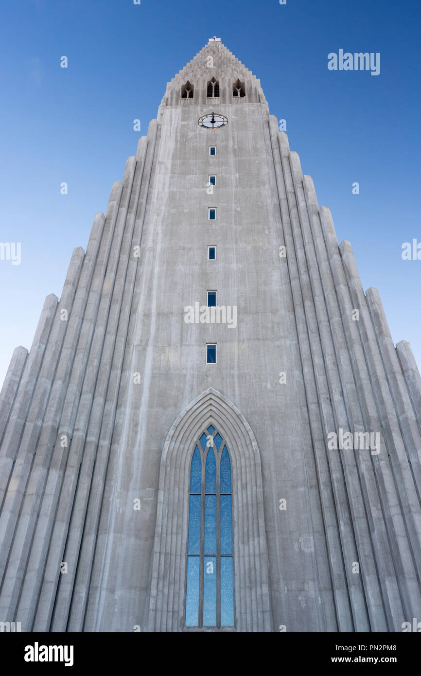 Modern architecture front elevation of Lutheran church HallgrImskirkja Cathedral in Reykjavik, Iceland designed by Gudjon Samuelsson Stock Photo