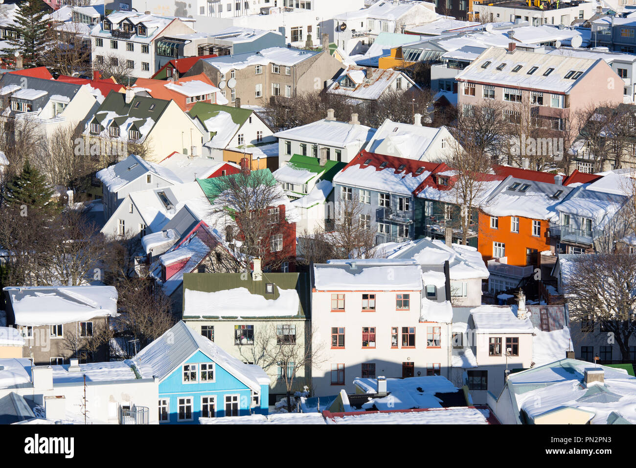 Aerial view of the capital city of Reykjavik showing brightly coloured ...