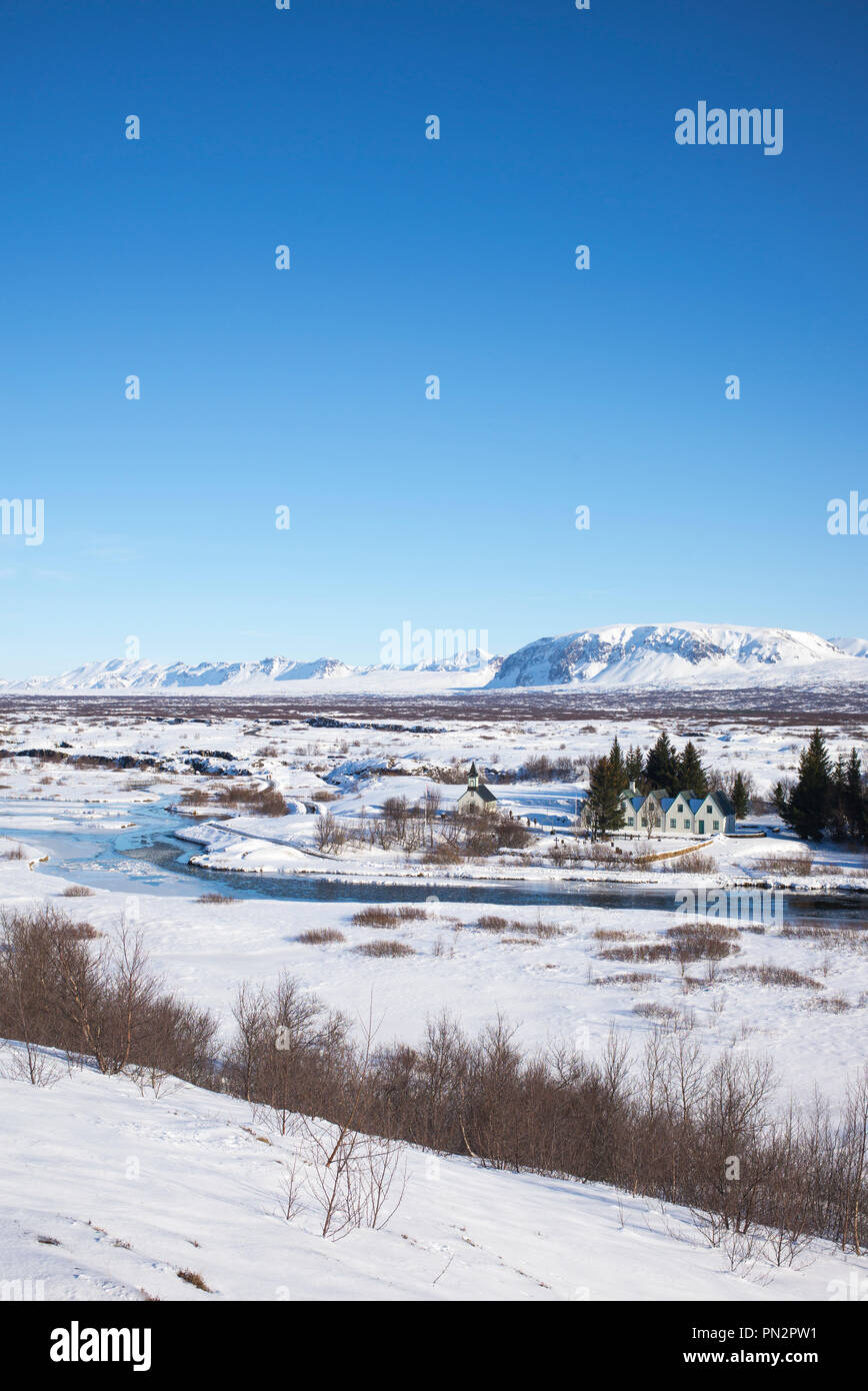 View from above of snow-covered, famous tourist sight Thingvellir National Park - Pingvellir -  in Iceland Stock Photo