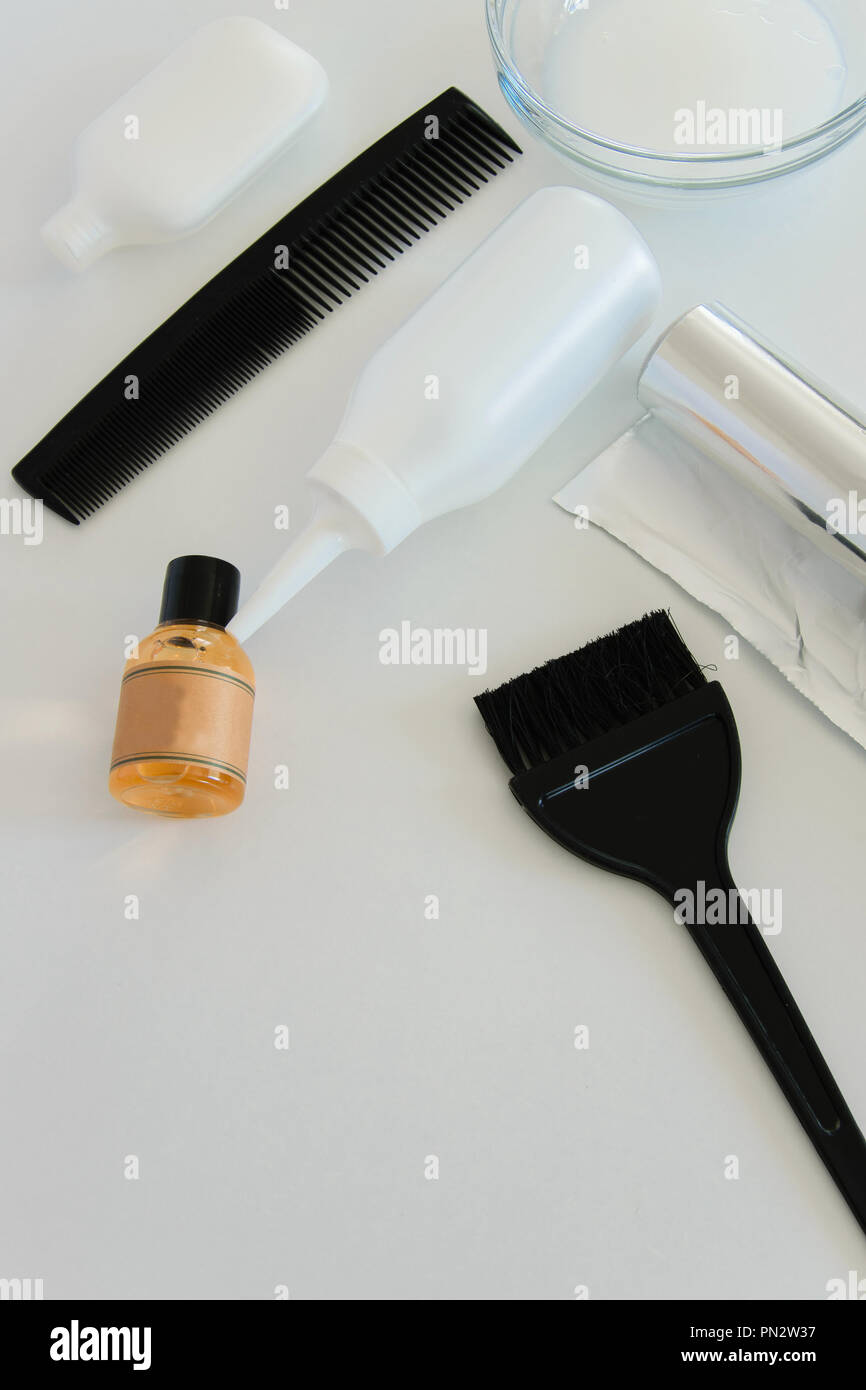 Hair dye tools on white background, space for text Stock Photo Alamy