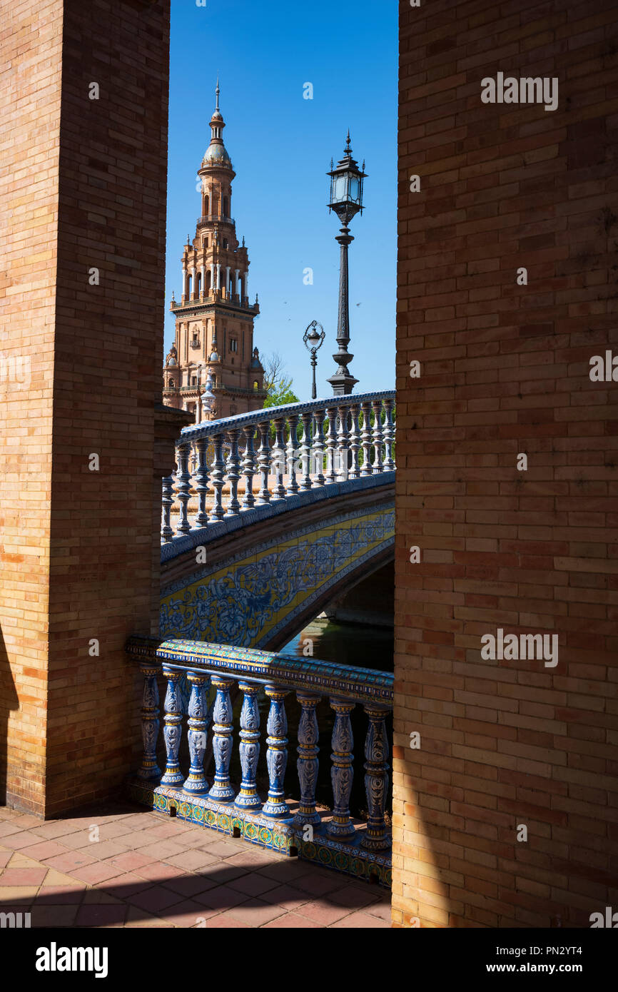 Built in 1928, the Plaza de España is a landmark example of Regionalism Architecture, mixing many Spanish styles. Stock Photo