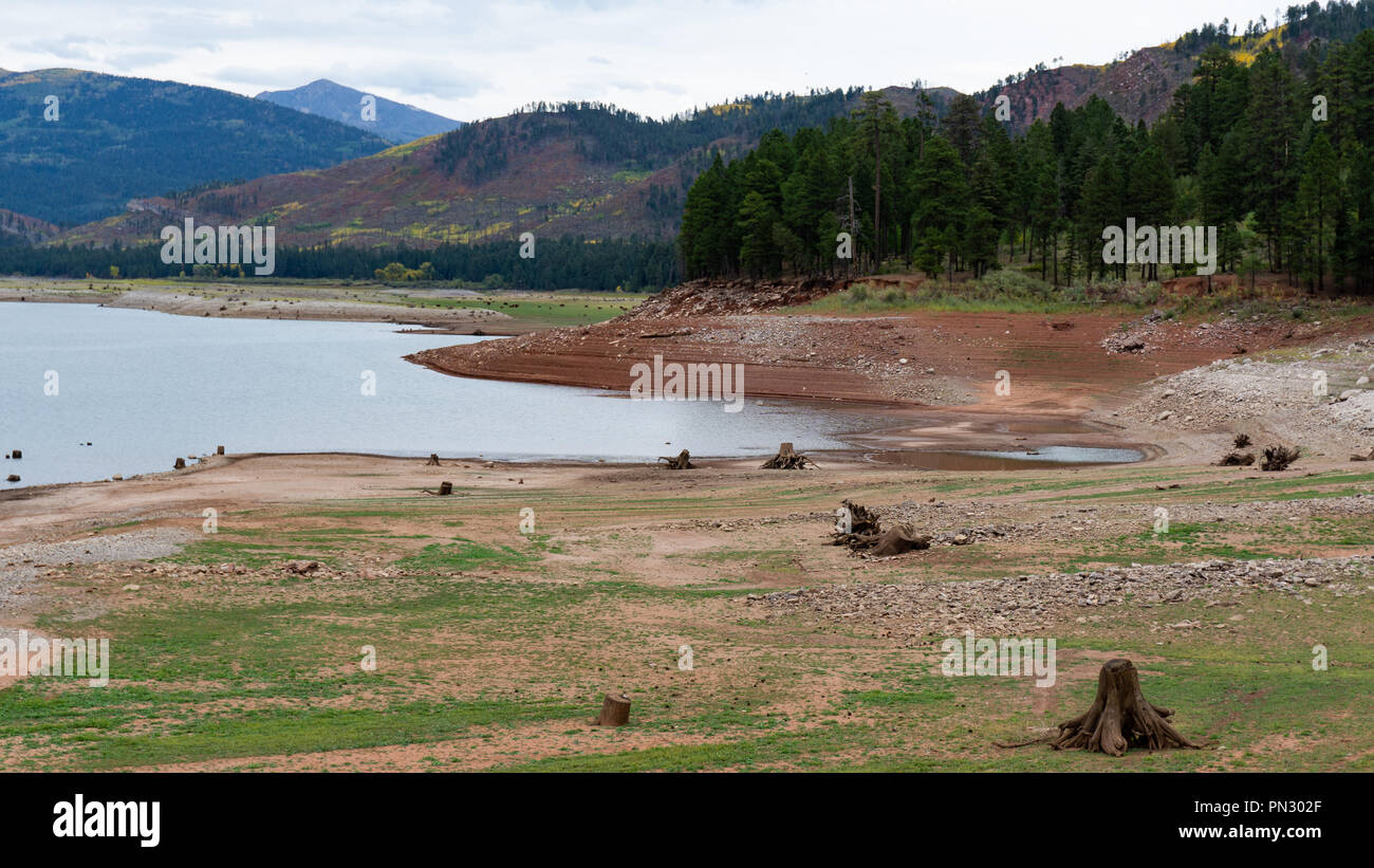 The lake of Vallecito in southern Colorado has dropped water levels significantly.  Due to drought and local fires they had to use the water to fight. Stock Photo