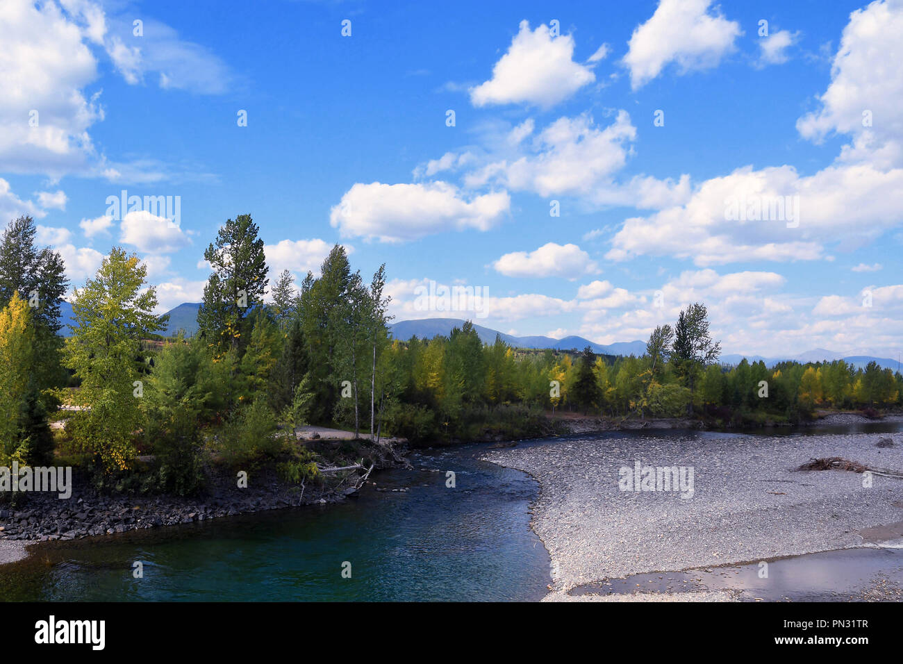 Beautiful early fall day on the North Fork Flathead River near Glacier National Park in Montana Stock Photo