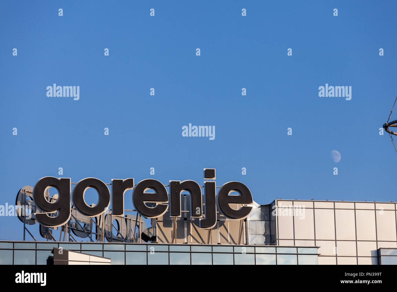 BELGRADE, SERBIA - SEPTEMBER 19, 2018: Logo of Gorenje on their main office in Belgrade. Gorenje is a Slovenian manufacturer of white goods, domestic  Stock Photo
