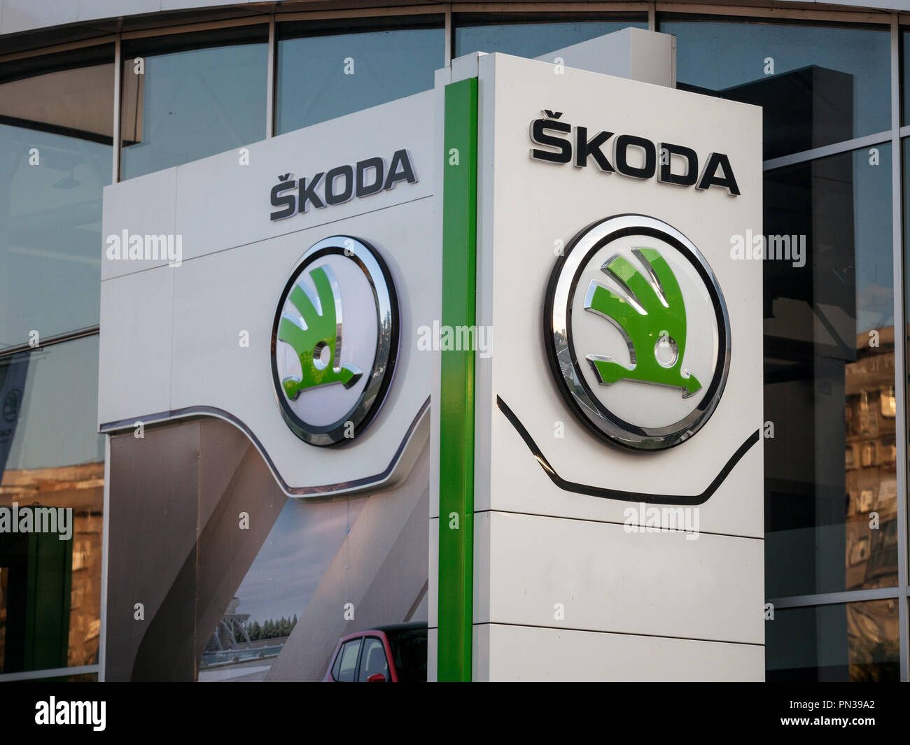 BELGRADE, SERBIA - SEPTEMBER 19, 2018: Skoda logo on their main dealership store Belgrade. Skoda is a Czech car and automotive manufacturer part of th Stock Photo