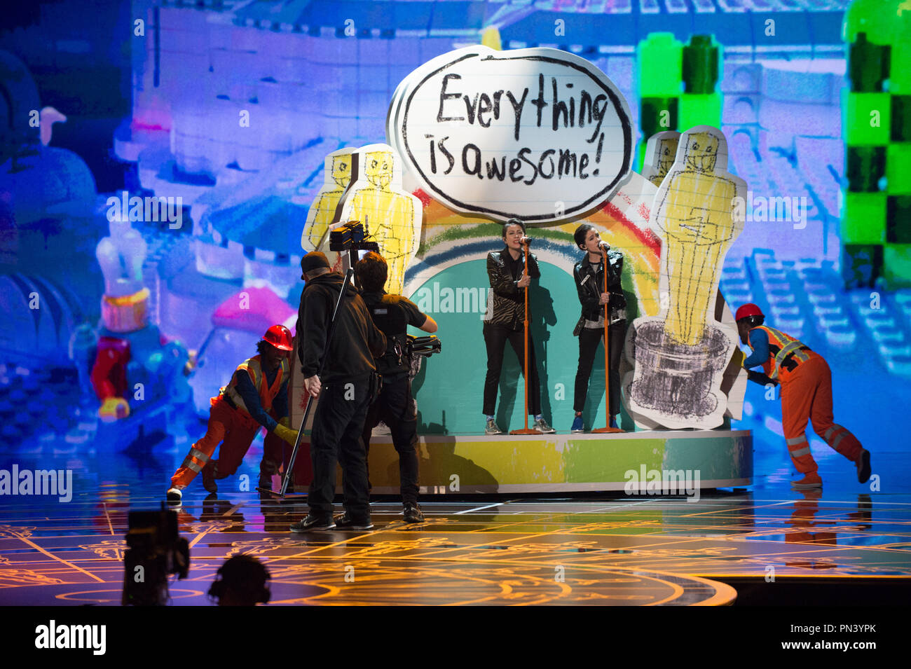 Tegan and Sara featuring The Lonely Island perform Oscar-nominated song “ Everything is Awesome” from “The Lego Movie" during the live ABC Telecast  of The 87th Oscars® at the Dolby® Theatre in Hollywood,