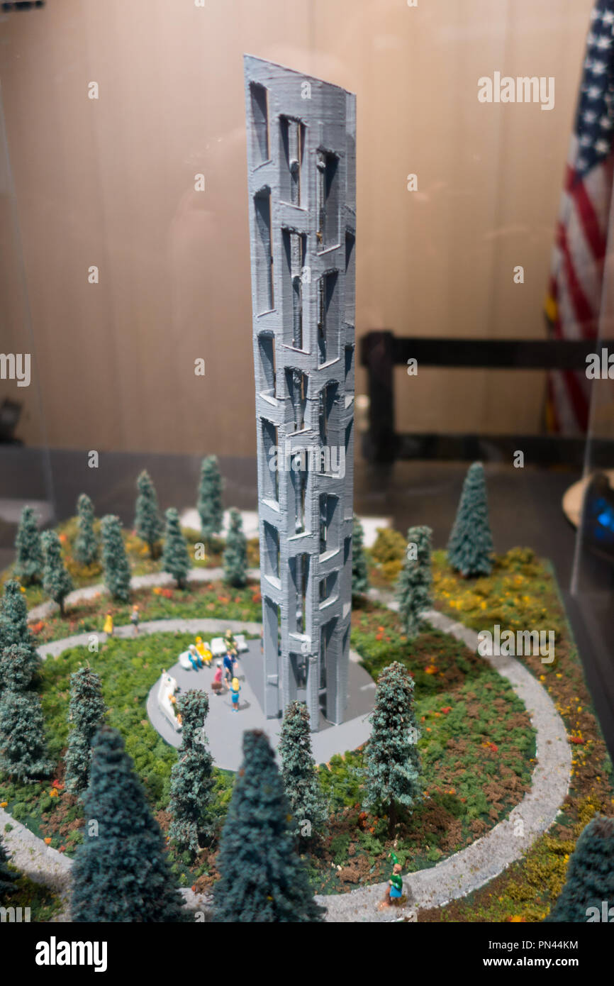 A model of the Tower of Voices monument featuring 40 wind chimes at the