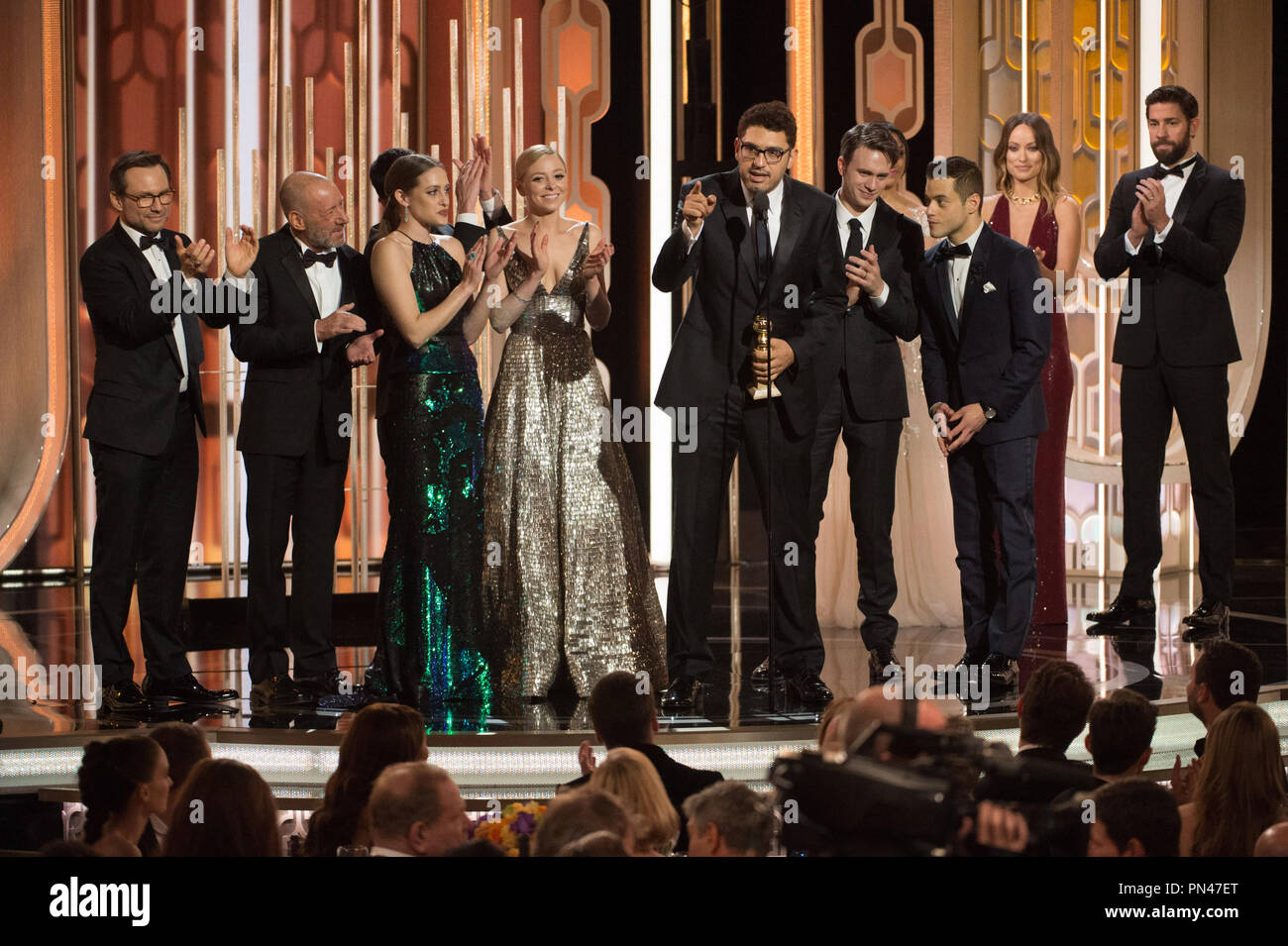 Accepting the Golden Globe for BEST TELEVISION SERIES – DRAMA for 'Mr. Robot' (USA Network) are Christian Slater, Steve Golin, Carly Chaikin, Portia Doubleday, Sam Esmail, Martin Wallström, and Rami Malek at the 73rd Annual Golden Globe Awards at the Beverly Hilton in Beverly Hills, CA on Sunday, January 10, 2016. Stock Photo
