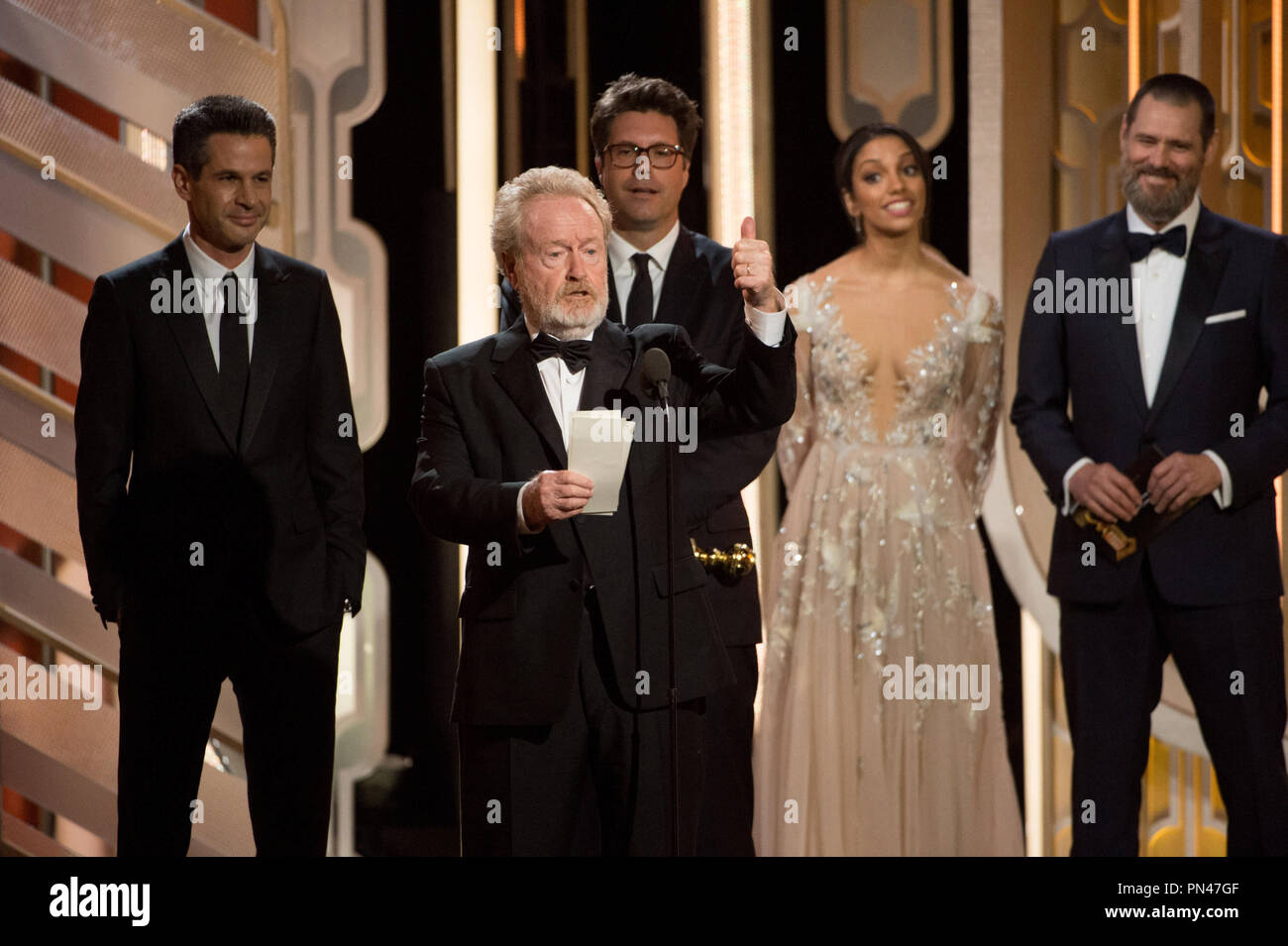Accepting the Golden Globe for BEST MOTION PICTURE – COMEDY OR MUSICAL for 'The Martian' is (Replace with Name of Acceptors) at the 73rd Annual Golden Globe Awards at the Beverly Hilton in Beverly Hills, CA on Sunday, January 10, 2016. Stock Photo