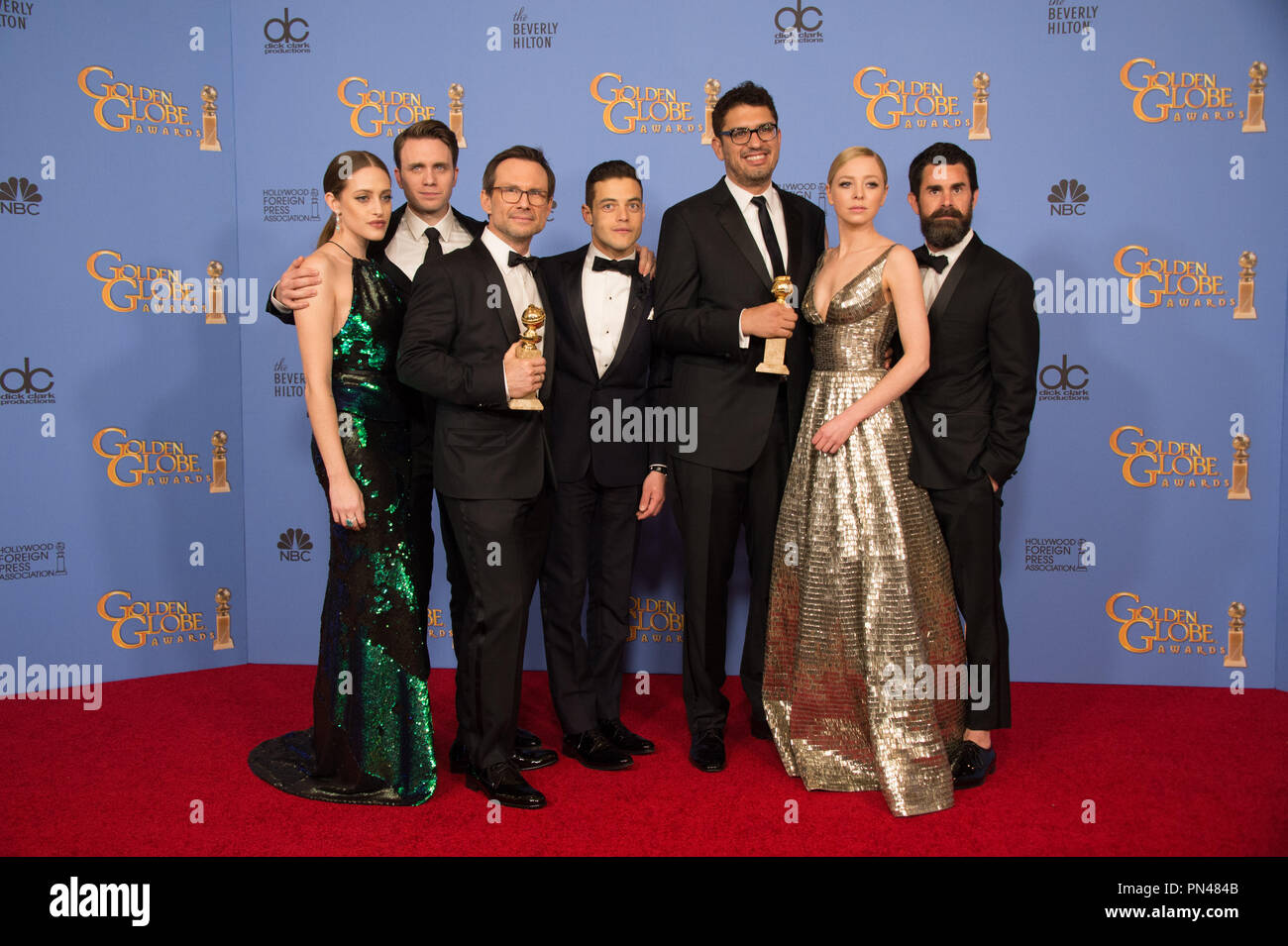 For BEST TELEVISION SERIES – DRAMA, the Golden Globe is awarded to 'Mr. Robot' (USA Network). Carly Chaikin, Martin Wallström, Christian Slater, Rami Malek, Sam Esmail, Portia Doubleday and Chad Hamilton pose with the award backstage in the press room at the 73rd Annual Golden Globe Awards at the Beverly Hilton in Beverly Hills, CA on Sunday, January 10, 2016. Stock Photo