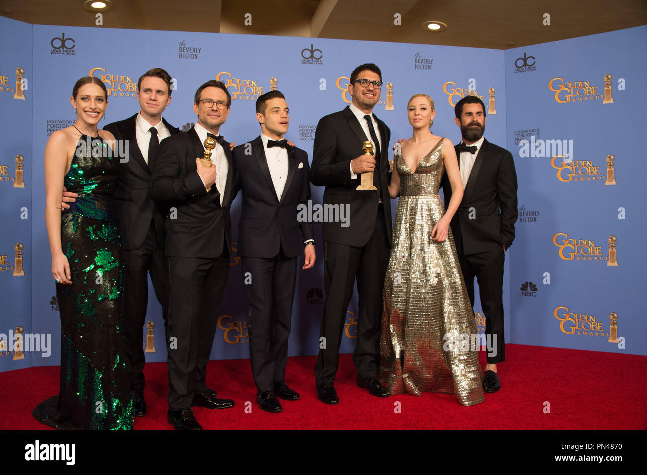 For BEST TELEVISION SERIES – DRAMA, the Golden Globe is awarded to 'Mr. Robot' (USA Network). Carly Chaikin, Martin Wallström, Christian Slater, Rami Malek, Sam Esmail, Portia Doubleday and Chad Hamilton pose with the award backstage in the press room at the 73rd Annual Golden Globe Awards at the Beverly Hilton in Beverly Hills, CA on Sunday, January 10, 2016. Stock Photo