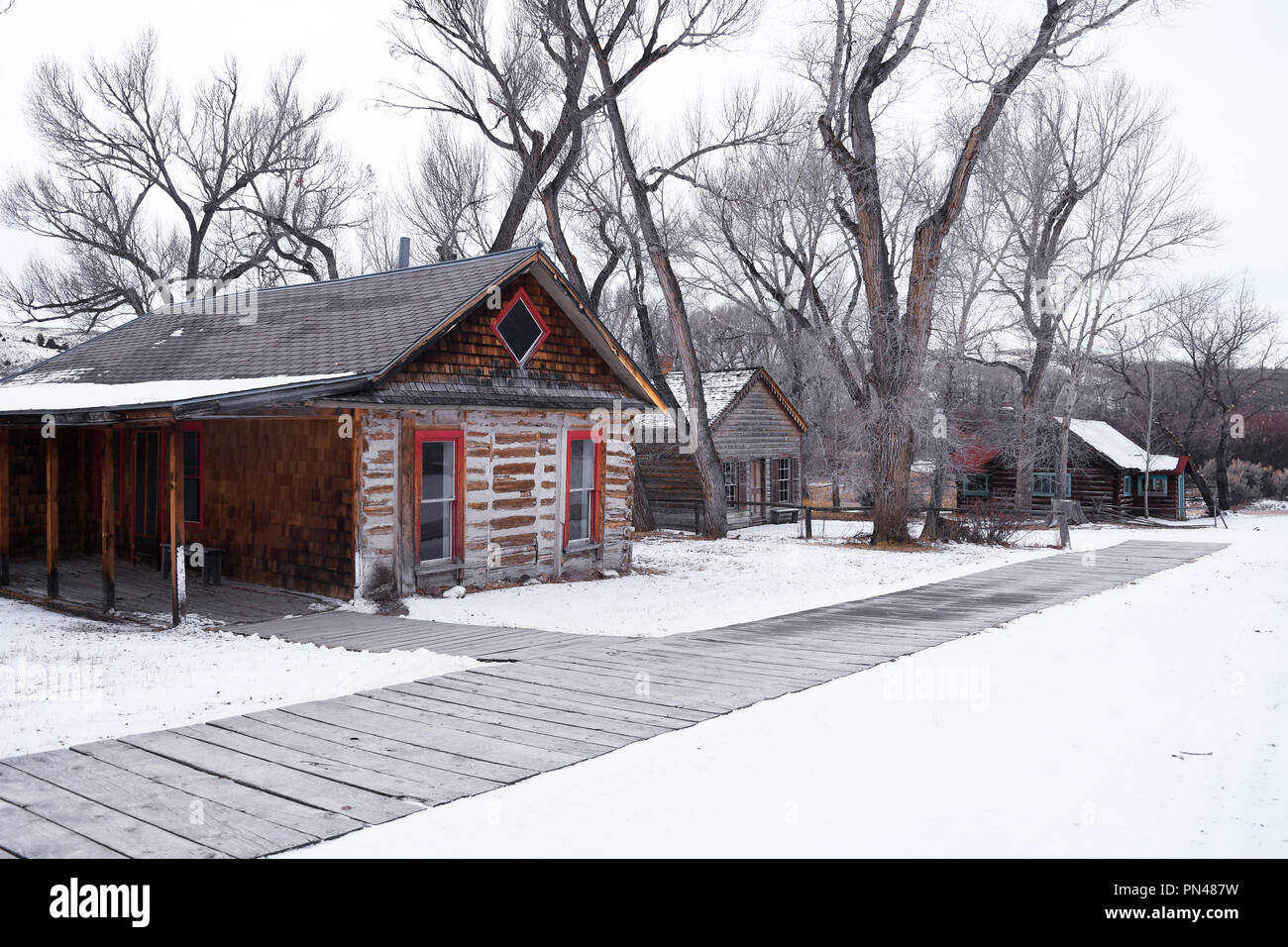 BANNACK, MONTANA, USA - December 15, 2017: Old rustic buildings in winter at Bannack Historic State Park Stock Photo