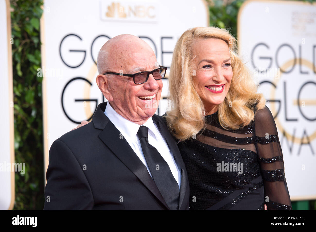 Rupert Murdoch and Jerry Hall, model, arrive at the 73rd Annual Golden Globe Awards at the Beverly Hilton in Beverly Hills, CA on Sunday, January 10, 2016. Stock Photo