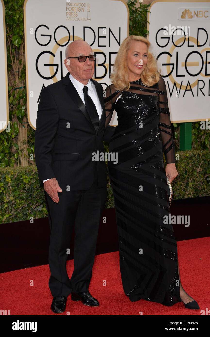 Rupert Murdoch & Jerry Hall at the 73rd Annual Golden Globe Awards at the Beverly Hilton Hotel. January 10, 2016  Beverly Hills, CA Stock Photo