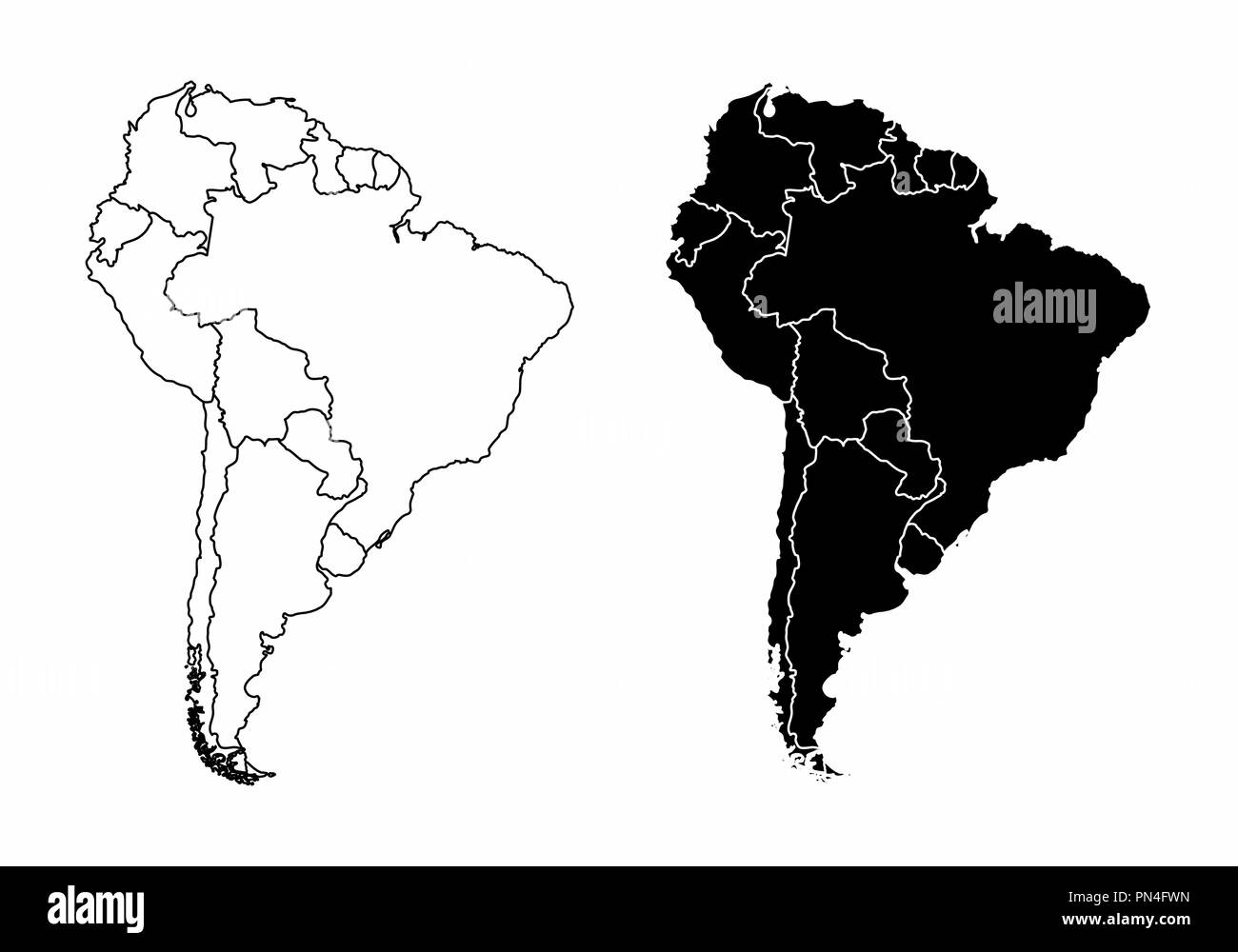 Simplified maps of the south america with countries boundaries. Black and white outlines. Stock Vector