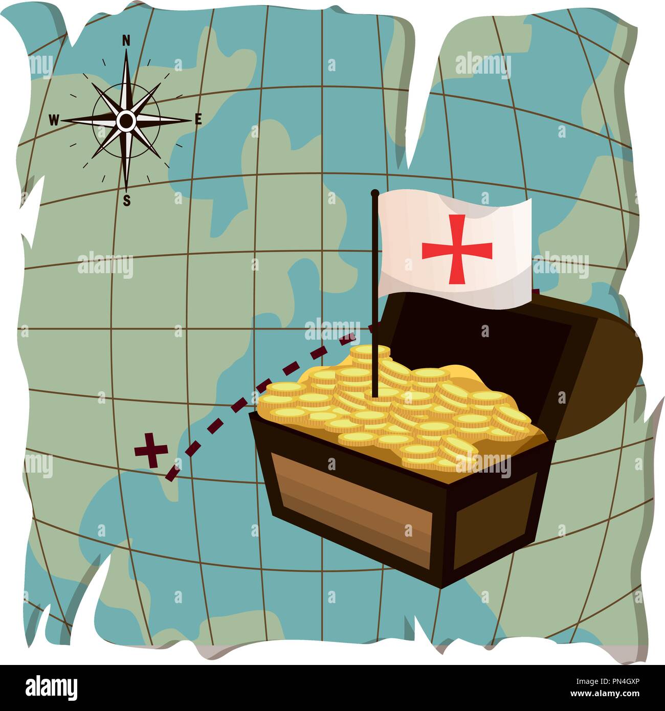 global map and chest with gold coins and flag cross Stock Vector Image ...