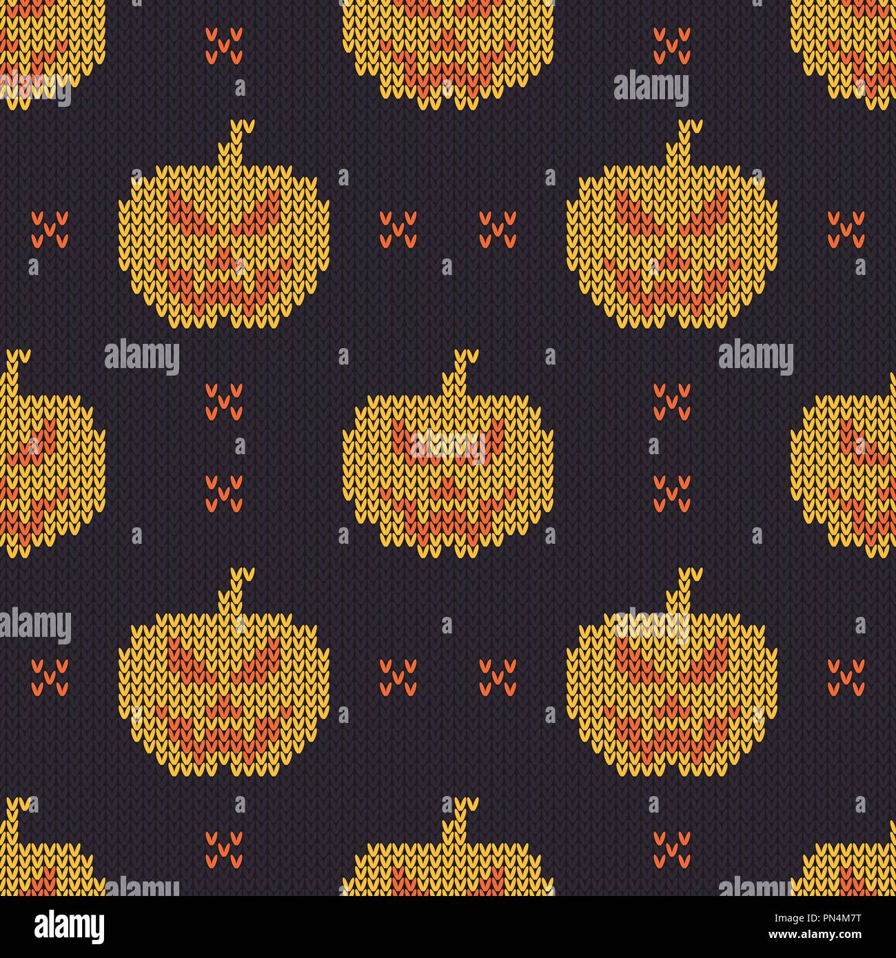 Halloween knitted pattern. Seamless Knitting Texture with cute pumpkin. Design for sweater, scarf, comforter or clothes texture. Vector illustration. Stock Vector