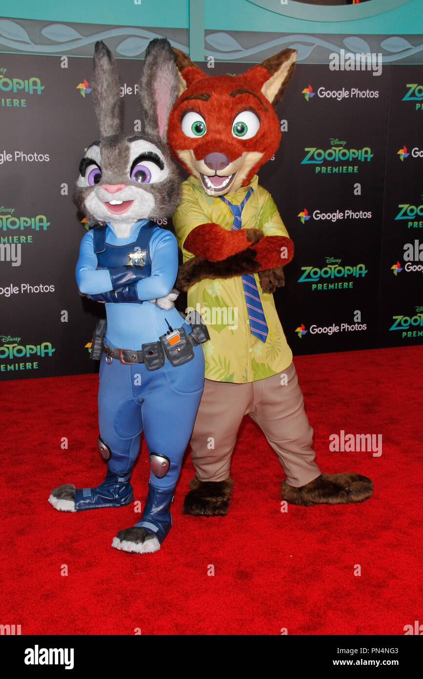 Zootopia characters Judy Hopps and Nick Wilde at the Premiere of Walt Disney Animation Studios' 'Zootopia' held at El Capitan Theatre in Hollywood, CA, February 17, 2016. Photo by Joe Martinez / PictureLux Stock Photo