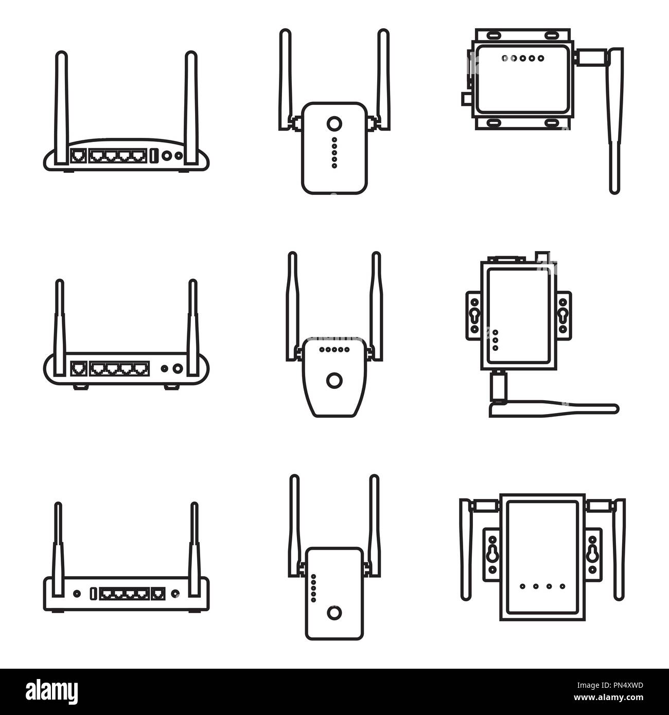Set of wireless deviceicon. Modem, router and repeater. Vector thin line - Stock