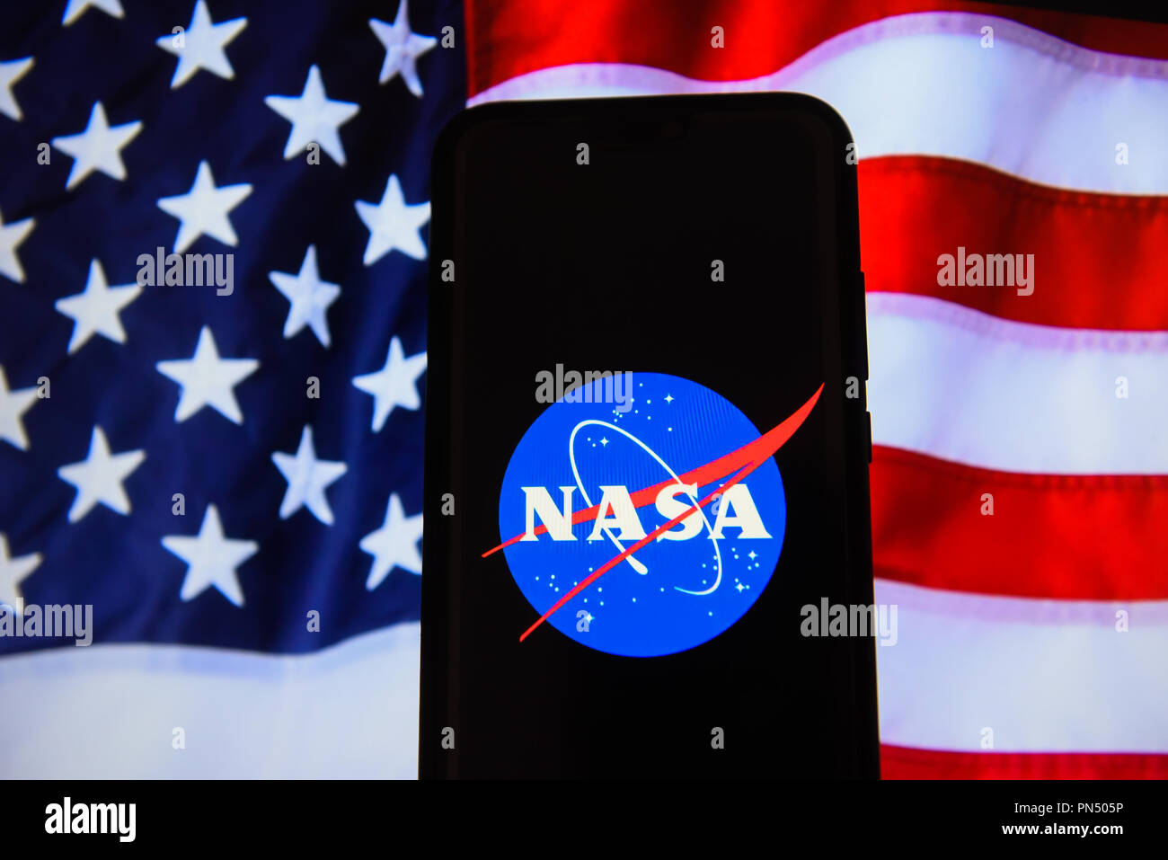 The National Aeronautics and Space Administration (NASA) logo is seen on an android mobile phone. Stock Photo