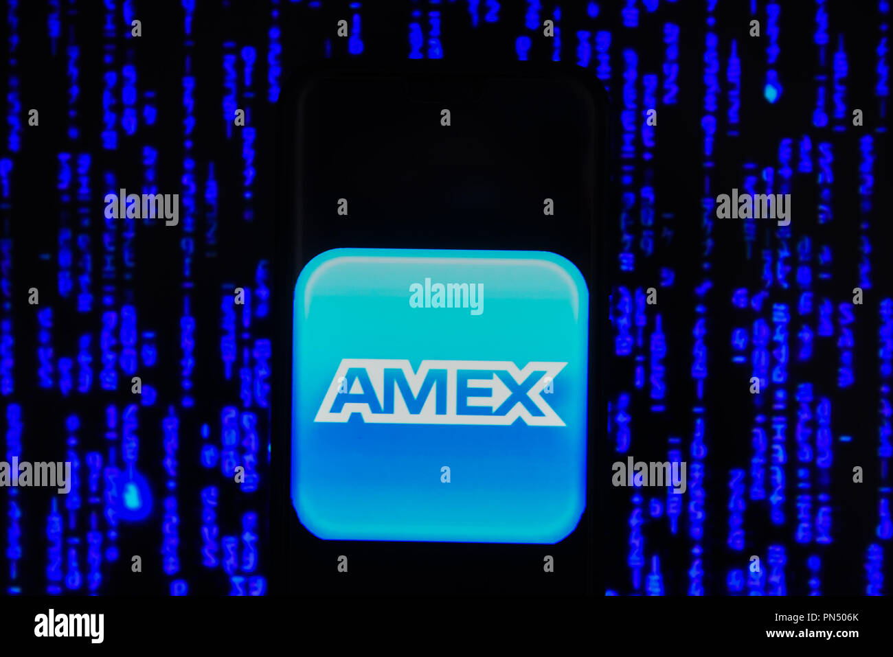 Amex logo is seen on an android mobile phone. Stock Photo