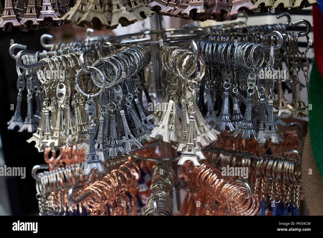 Eiffel Tower souvenir key hangers, Paris France Stock Photo