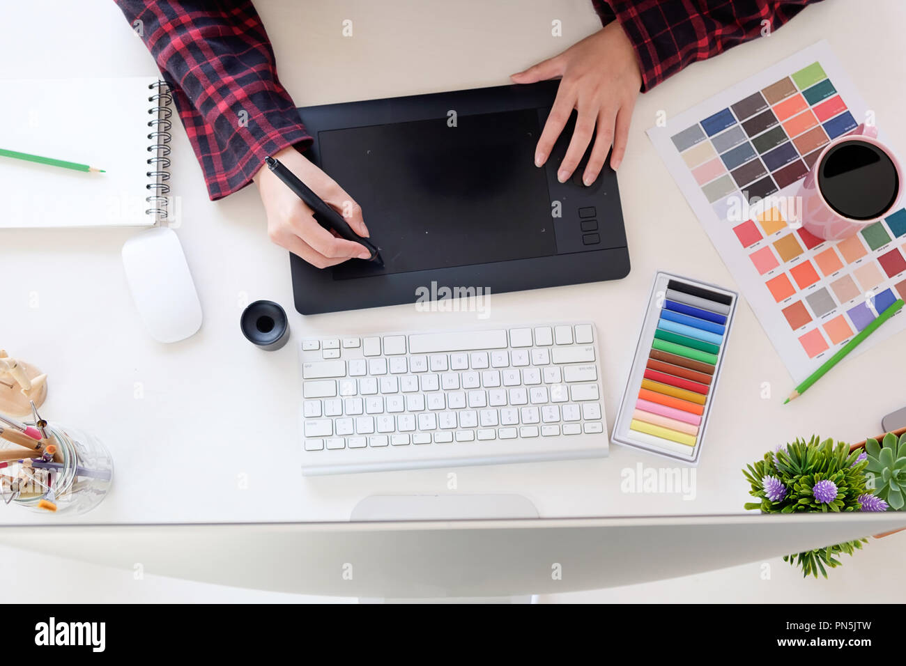 Top View A Artist Workplace With Graphic Designer Working On