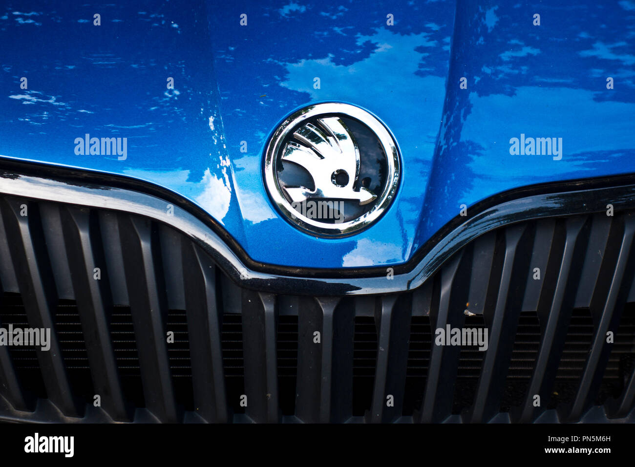 logo of Skoda on the grille of a blue car Stock Photo