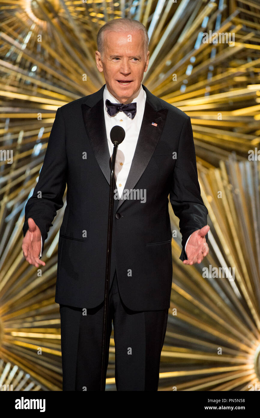 Presenter Vice President Joe Biden onstage during the live ABC Telecast of The 88th Oscars® at the Dolby® Theatre in Hollywood, CA on Sunday, February 28, 2016.  File Reference # 32854 570THA  For Editorial Use Only -  All Rights Reserved Stock Photo