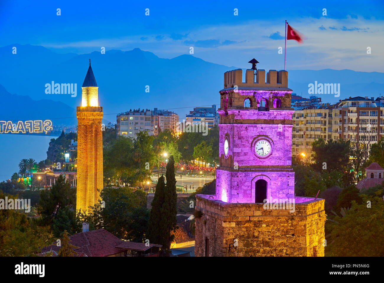 Clock Tower, Kaleici Old Town, Alanaya, Turkey Stock Photo